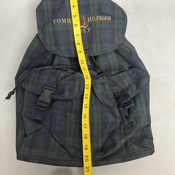 Vintage Tommy Hilfiger Spell Out Drawstring Cinch Backpack Navy Blue Green Plaid main image 6